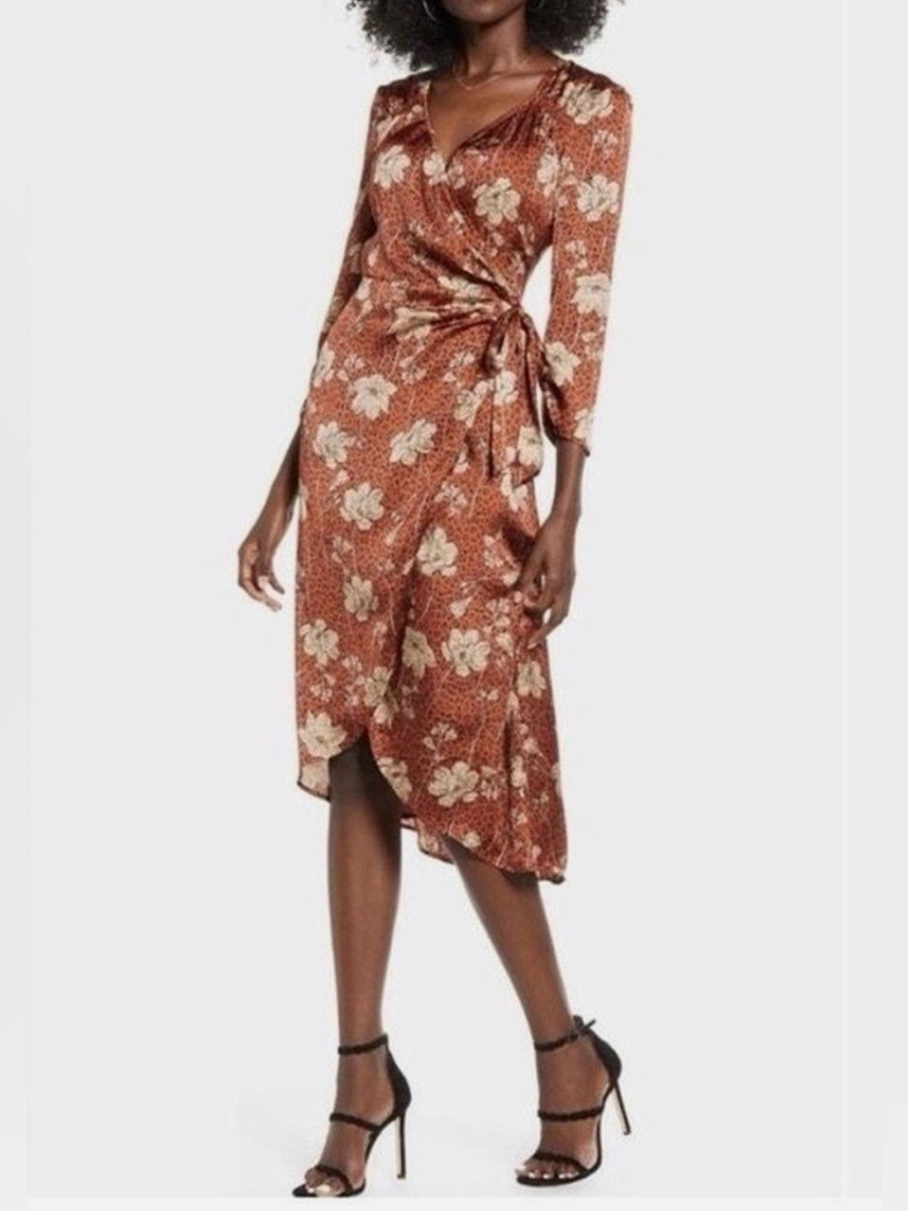 Leith Rust Floral Wrap Midi Dress with Cream Blooms and animal print